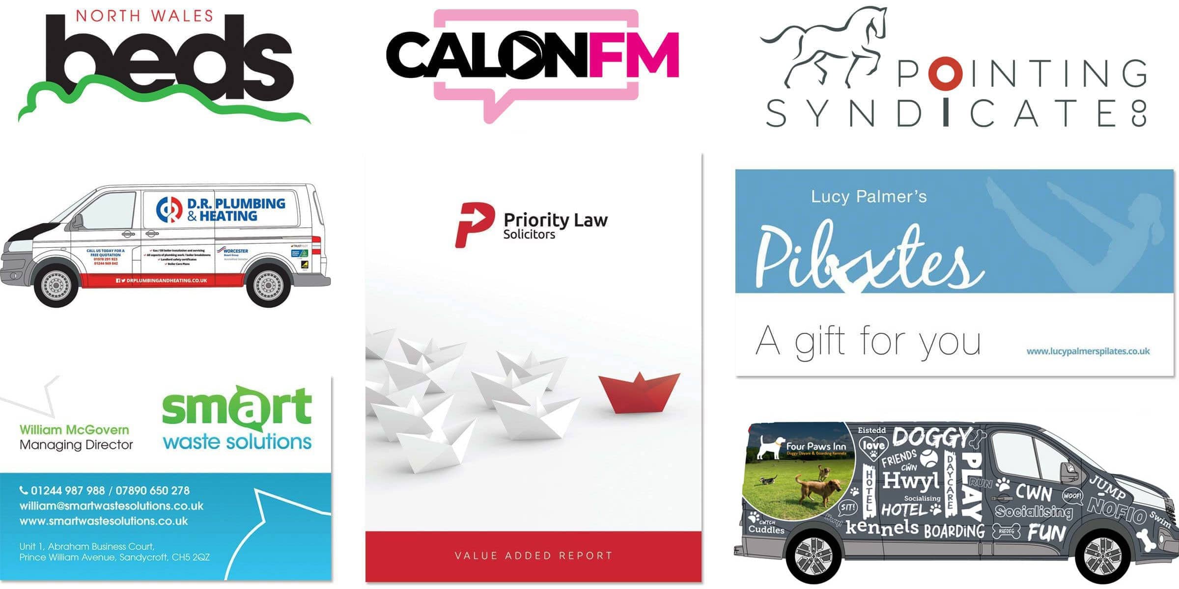 Examples of logo design, business cards, brochures, vehicle livery and gift vouchers designed for businesses in Wrexham & Mold